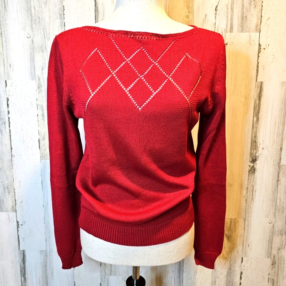 Ellen Tracy Women’s Sweater Red Knit Geometric Design Medium 100% Silk Long Slee